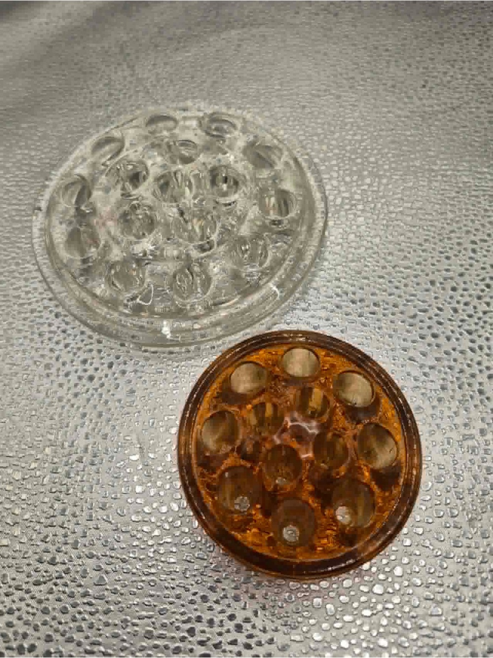 Vintage  Flower Frog Pair Marigold Amber Glass & Crystal Antique Imperial Glass